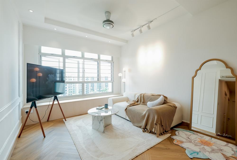 minimalist bedroom with wardrobe and homogeneous tiles