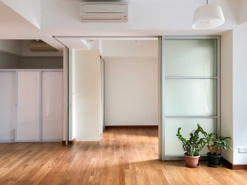 minimalist living room with console table and curtains