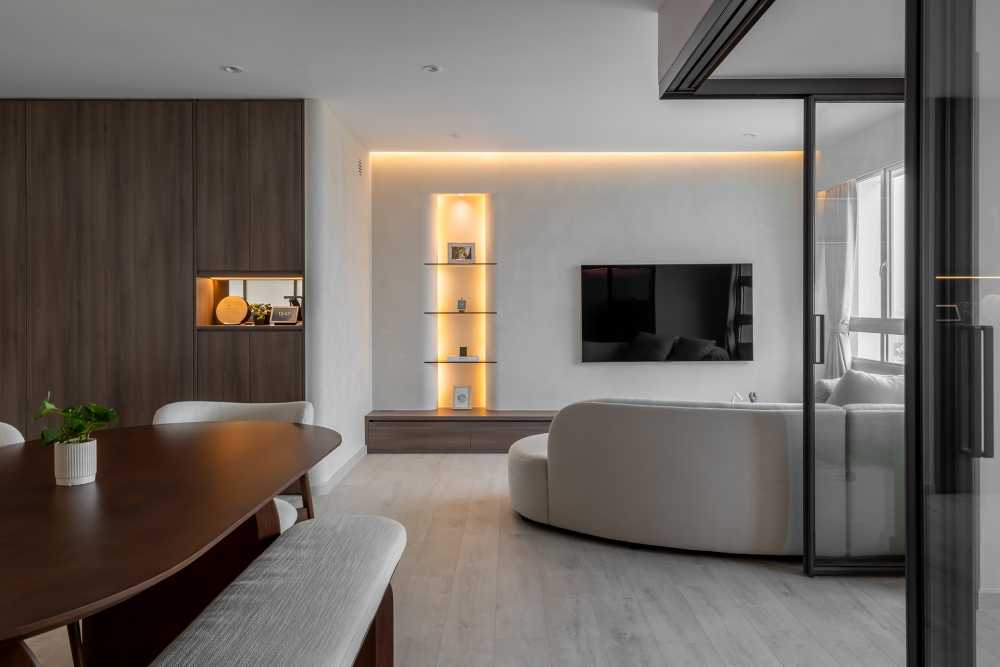 minimalist living room with console table and tv console