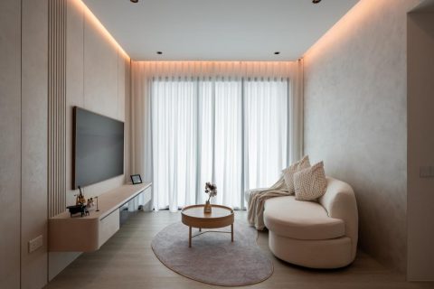 minimalist living room with console table and vinyl flooring