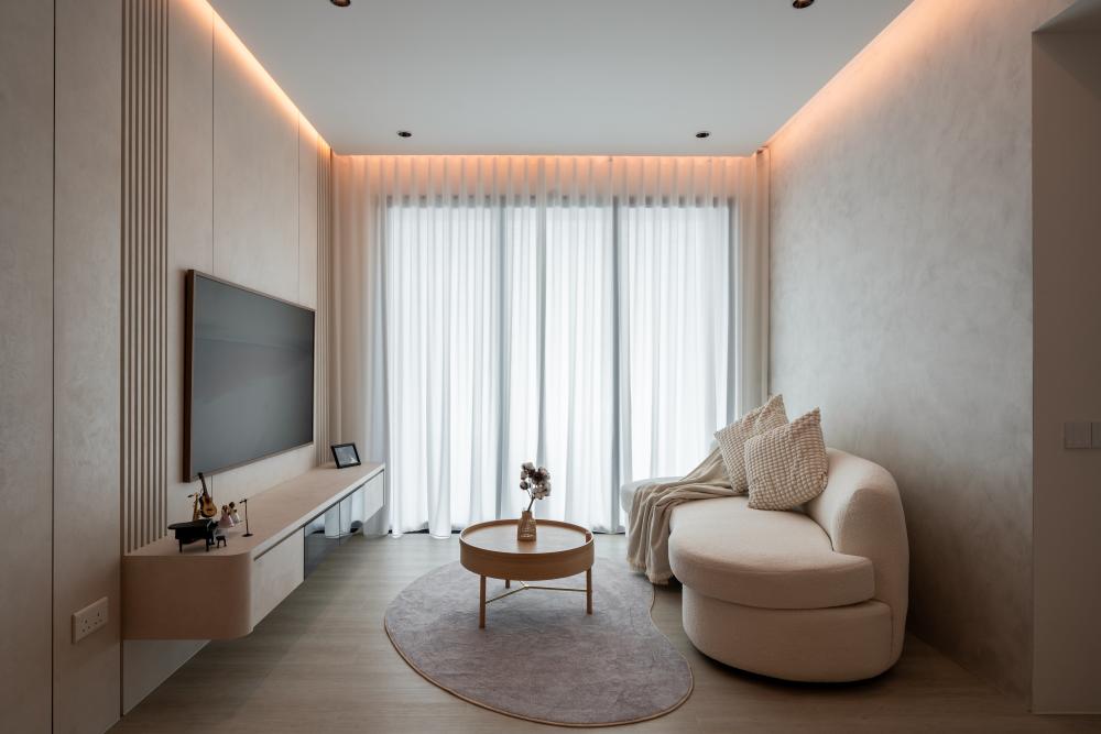 minimalist living room with console table and vinyl flooring