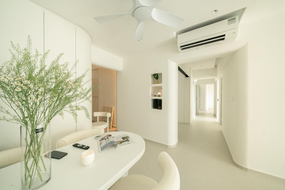 minimalist living room with tv console and curtains