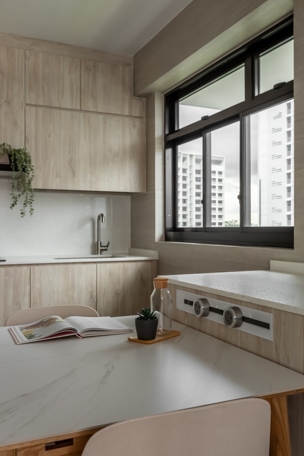 modern dining room with countertop and dining table