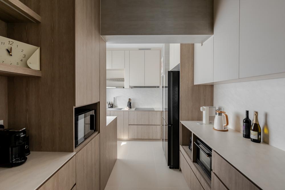 modern kitchen with countertop and homogeneous tile