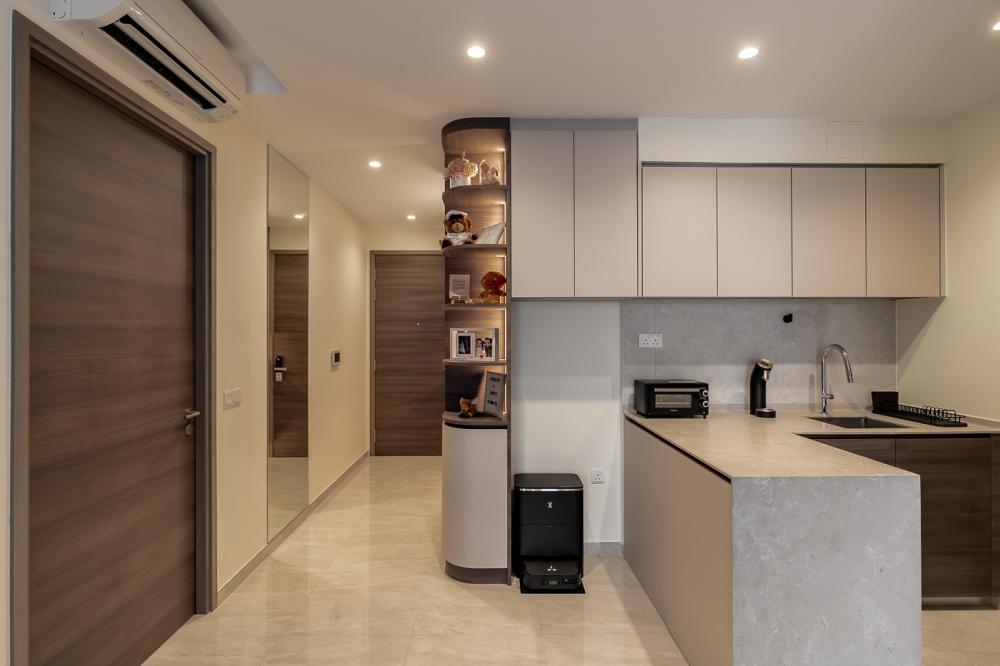 modern kitchen with countertop and homogeneous tiles