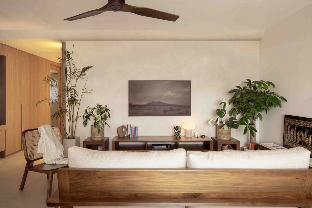 modern living room with tv console and sofa