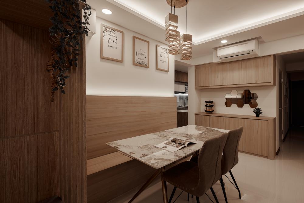 scandinavian dining room with ceiling light and chandelier