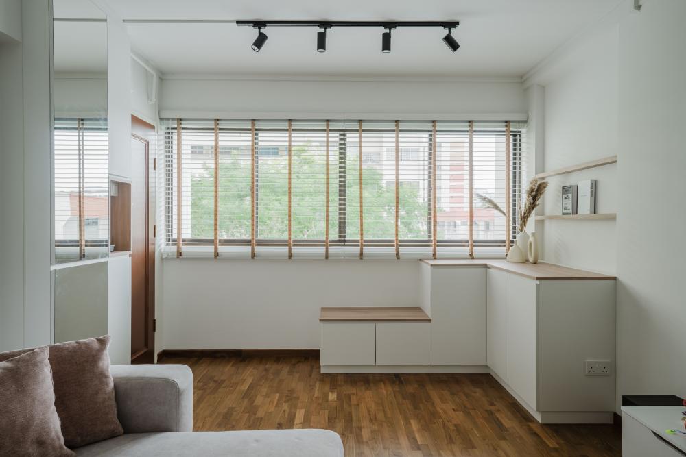 scandinavian entryway with mirror and shoe rack