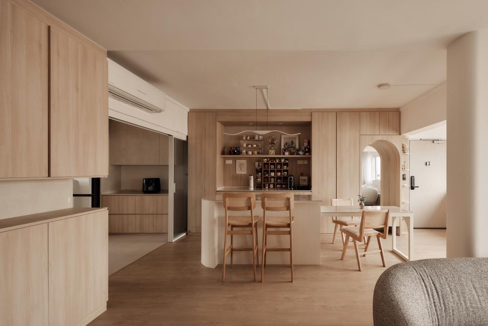 scandinavian kitchen with tv console and feature wall
