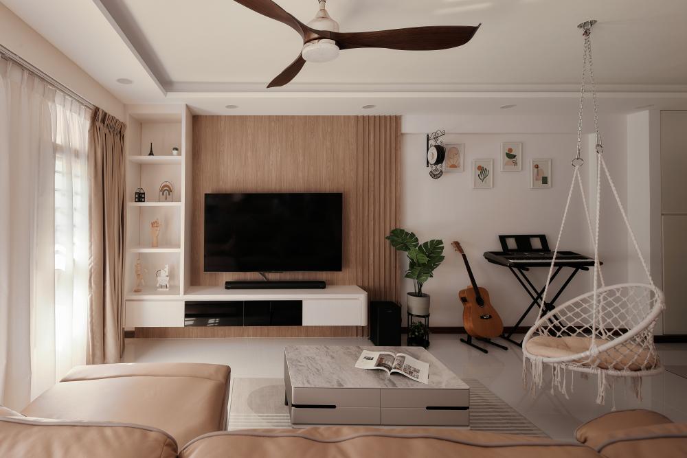 scandinavian living room with tv console and carpet
