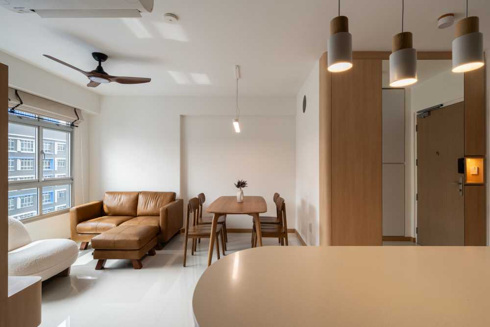 scandinavian living room with tv console and sofa