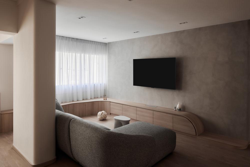 scandinavian living room with tv console and sofa 2