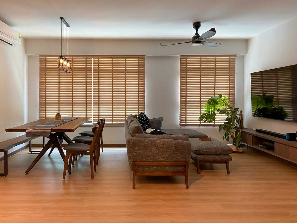 scandinavian living room with tv console and window grille