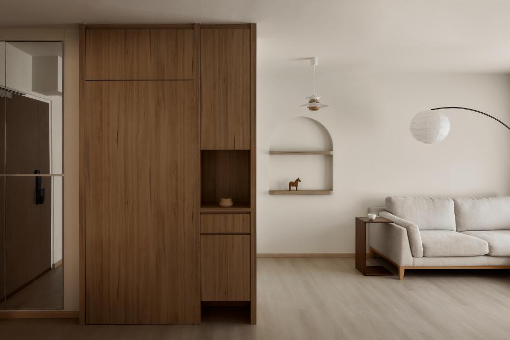 scandinavian living room with wood flooring and sofa