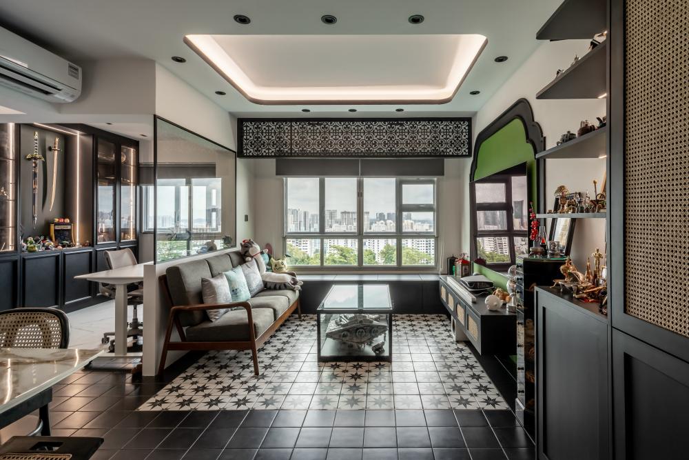 asian living room with parquet floor and cement floor