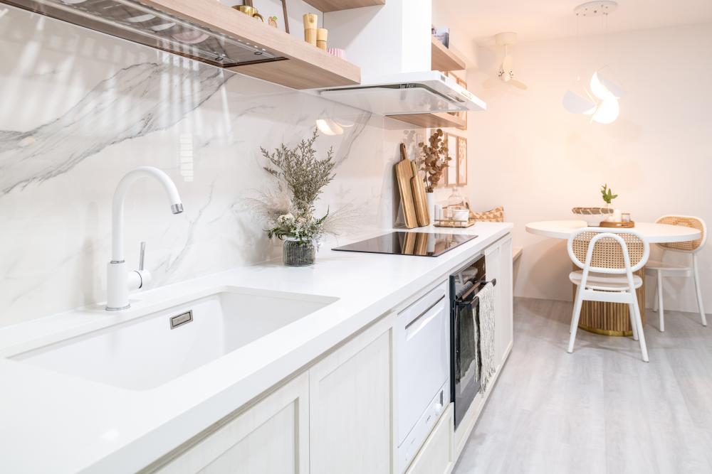 country kitchen with countertop and vinyl flooring