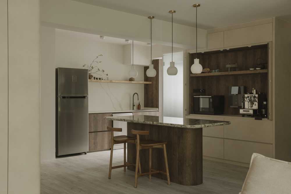 minimalist dining room with open kitchen and dining table