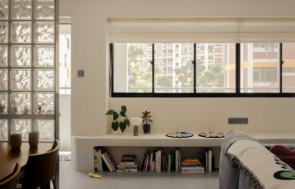 minimalist entryway with seating bench and small storage