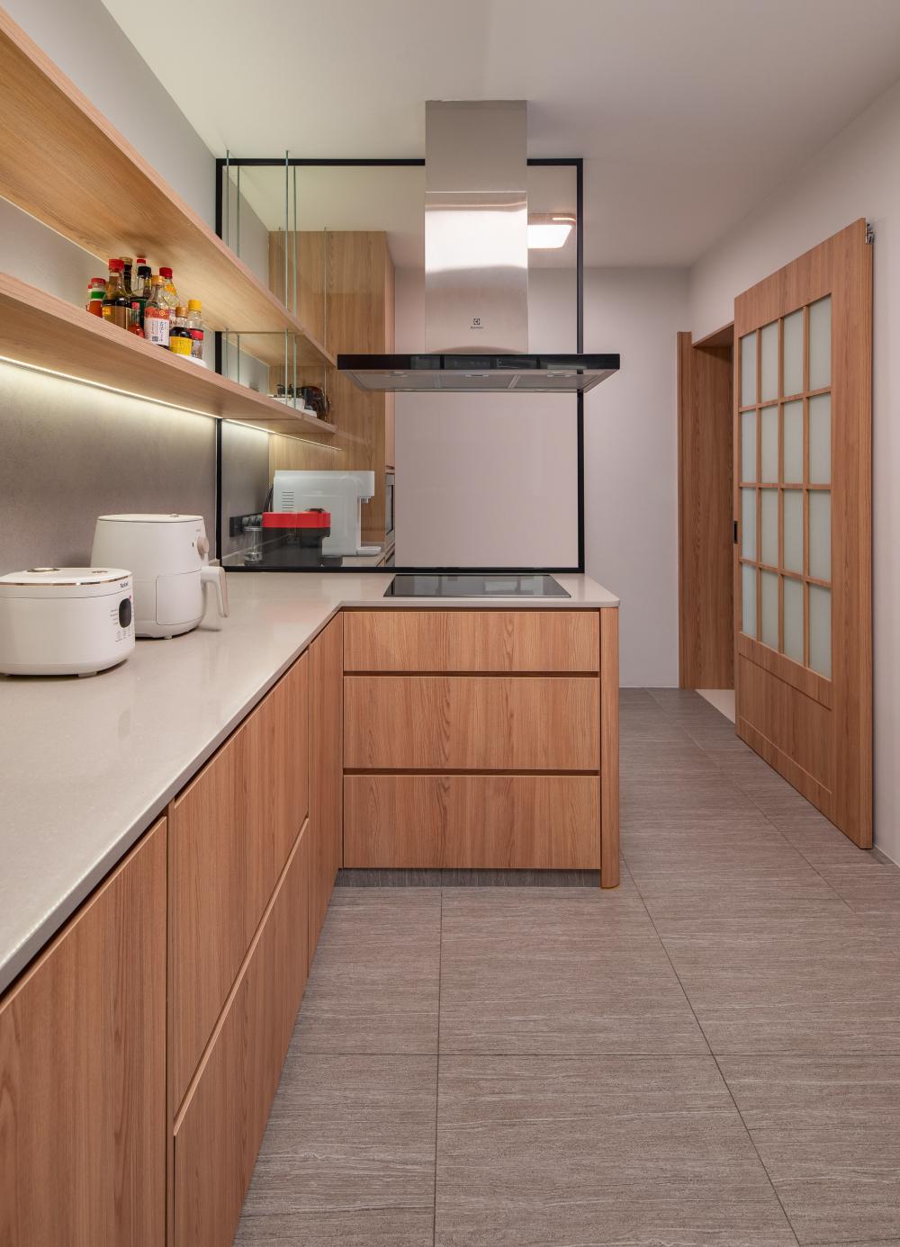 minimalist kitchen with countertop and open kitchen