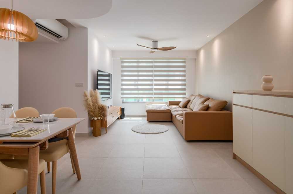 minimalist living room with homogeneous tiles and sofa