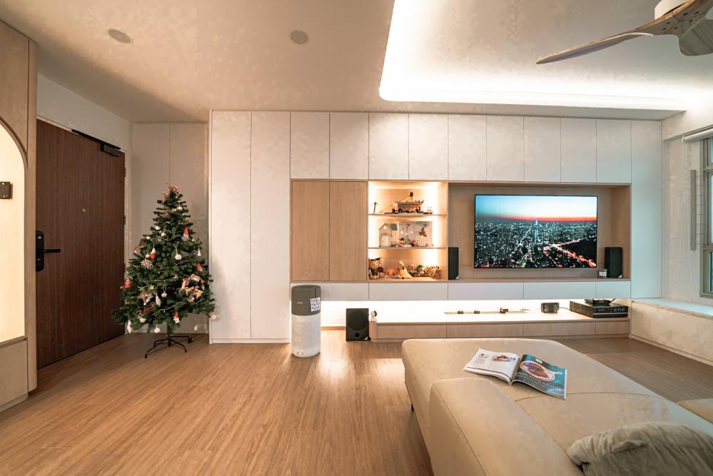 minimalist living room with tv console and tv