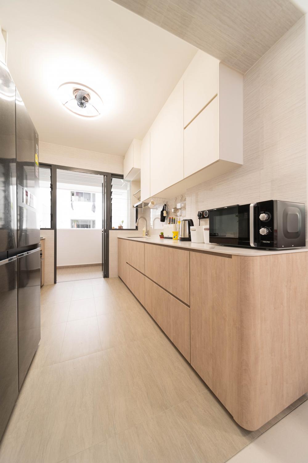 scandinavian kitchen with countertop and ceiling light