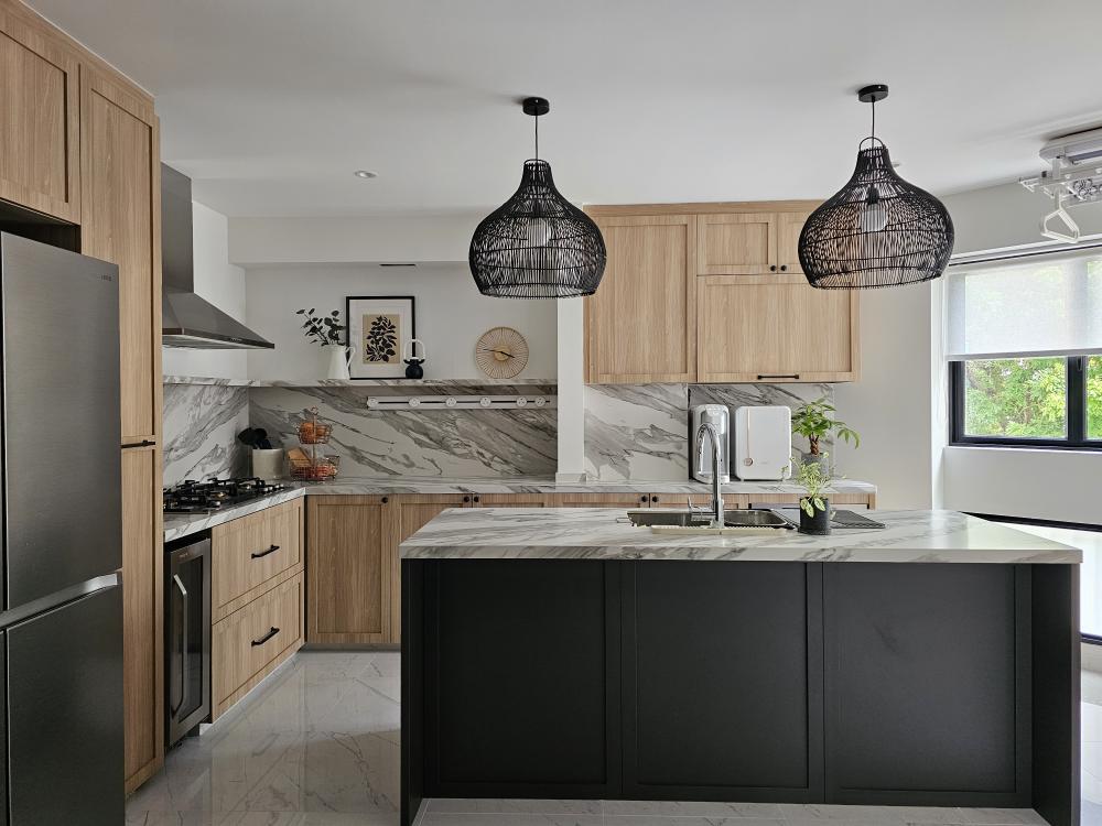 scandinavian kitchen with countertop and kitchen island