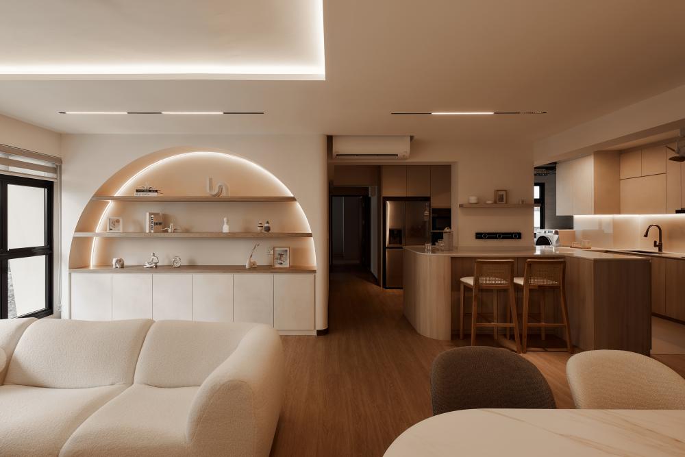 scandinavian living room with bay window and ceiling light