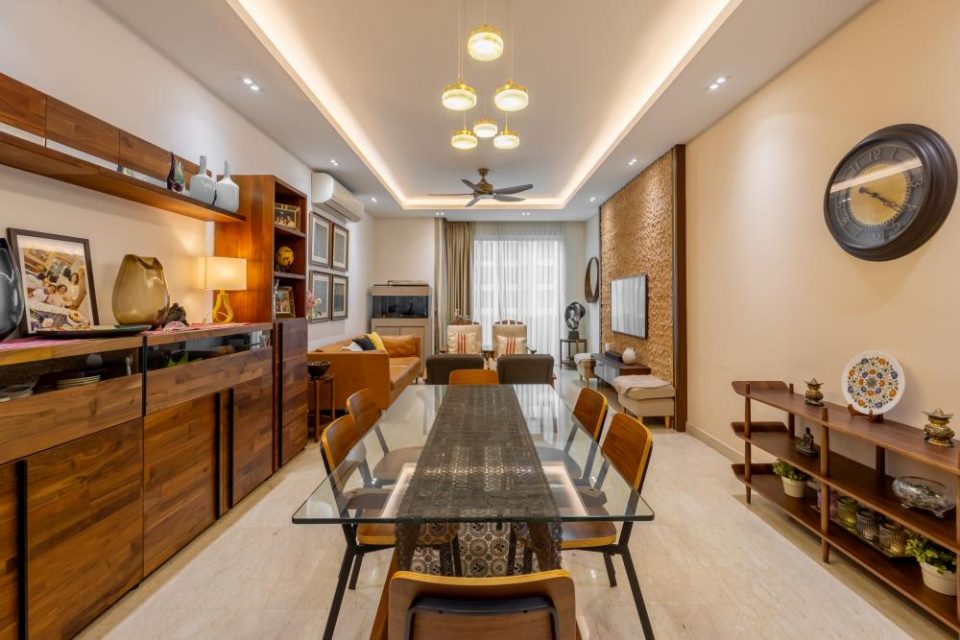 vintage living room with marble floor and feature wall