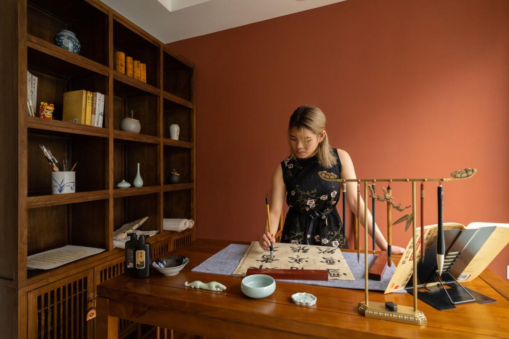 vintage study with bookshelf and desk