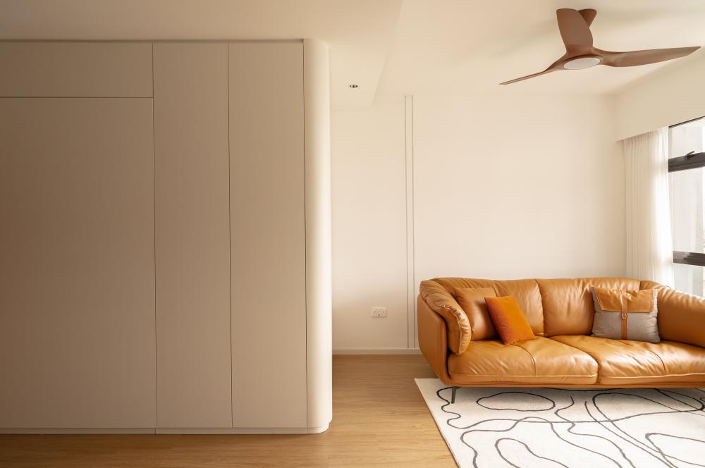 contemporary living room with vinyl flooring and sofa