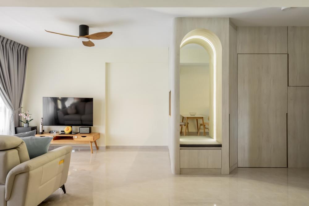 minimalist living room with tv console and sofa