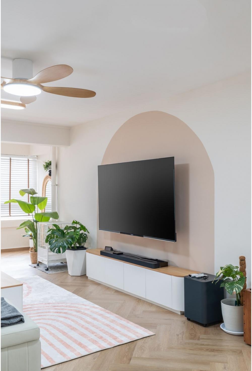 minimalist living room with vinyl flooring and wood flooring
