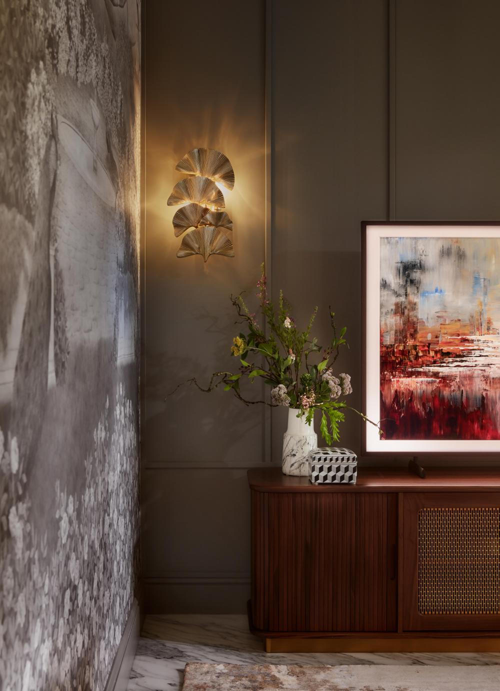 modern living room with tv console and wood tv console