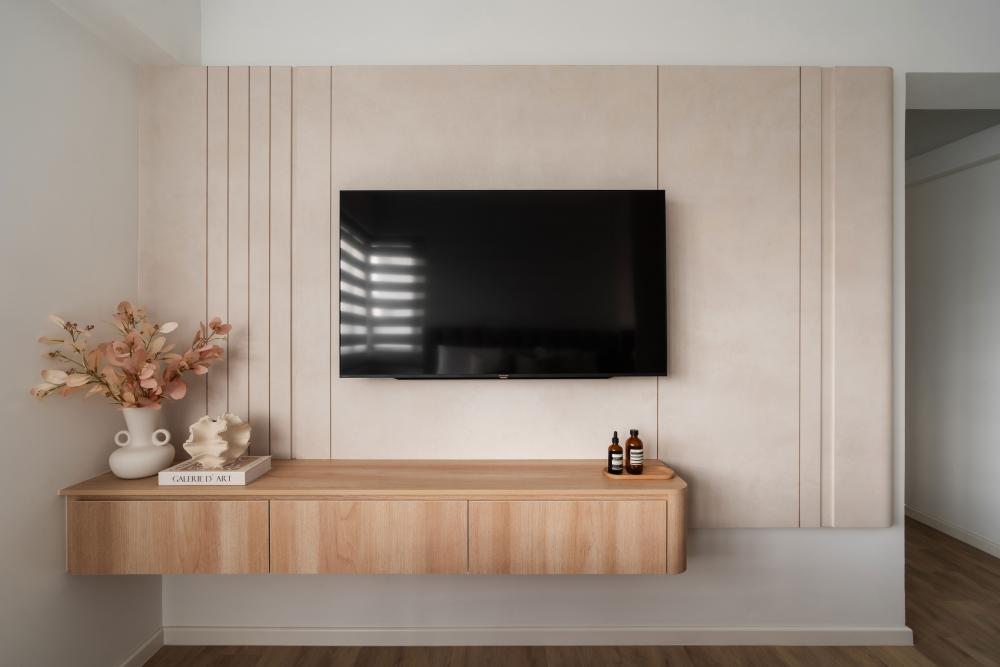scandinavian bedroom with wood flooring and tv