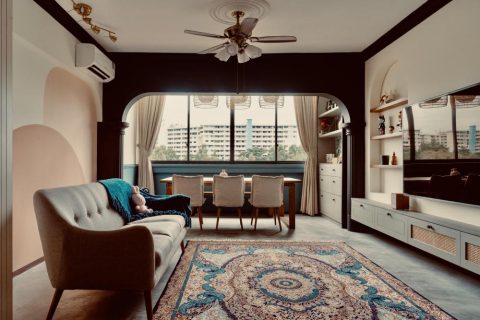 vintage living room with cement floor and feature wall