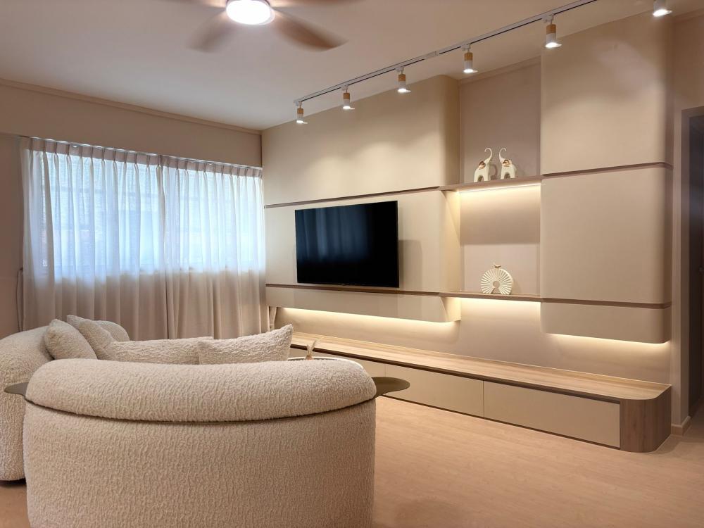 contemporary living room with vinyl flooring and tv console
