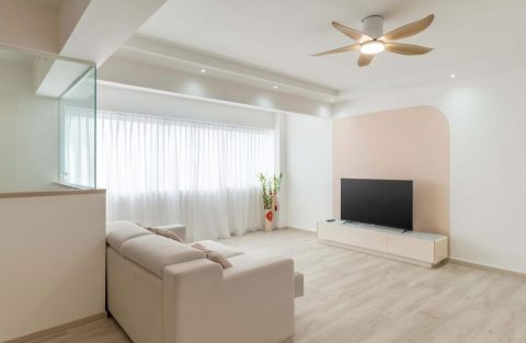 minimalist living room with vinyl flooring and tv console