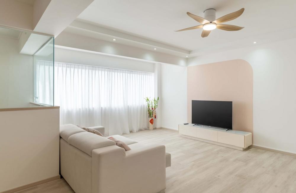 minimalist living room with vinyl flooring and tv console