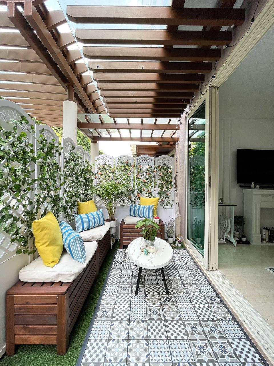 asian patio with homogeneous tiles and seating bench