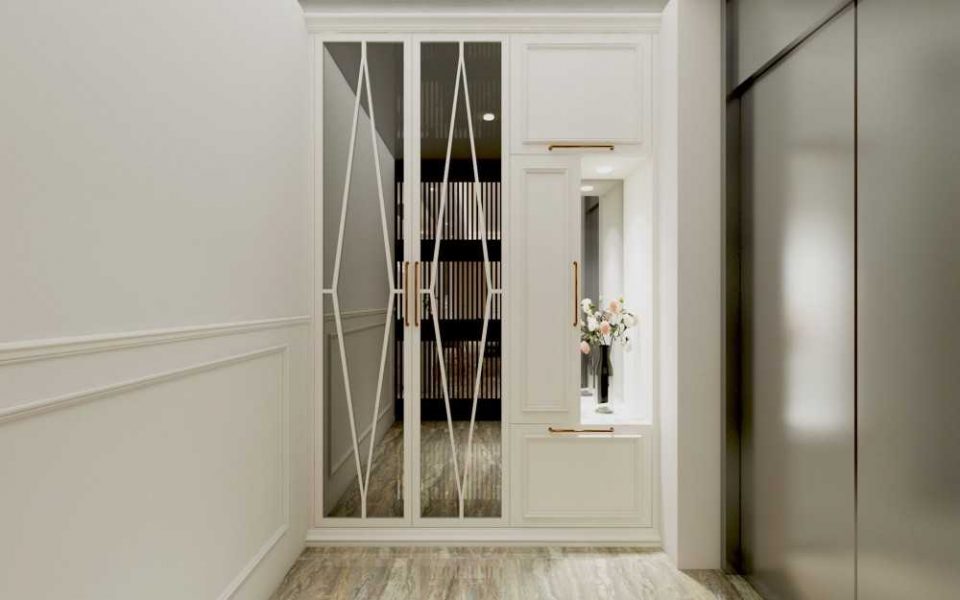 contemporary entryway with feature wall and mirror