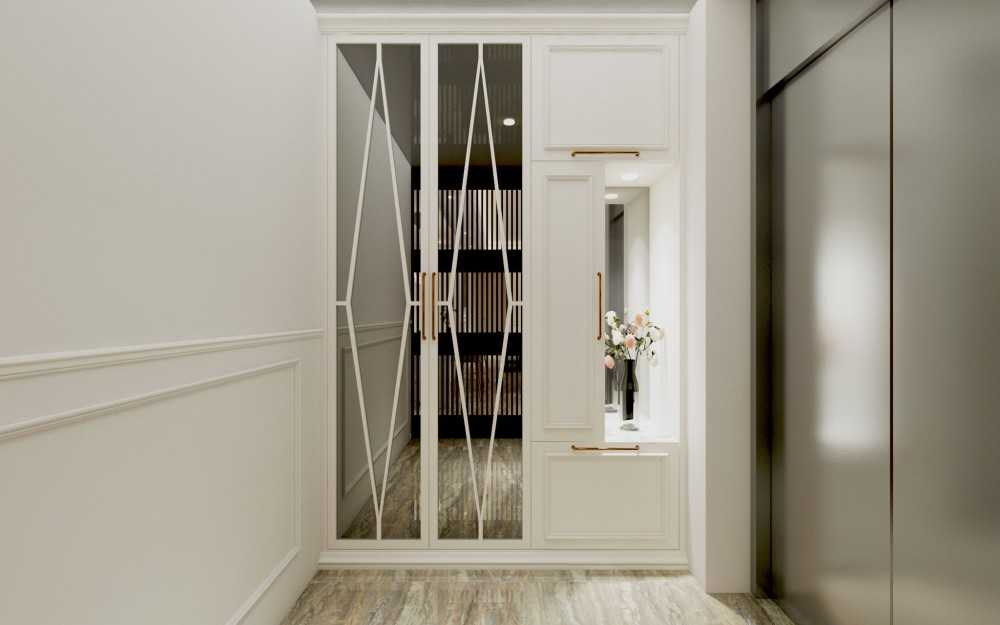 contemporary entryway with feature wall and mirror
