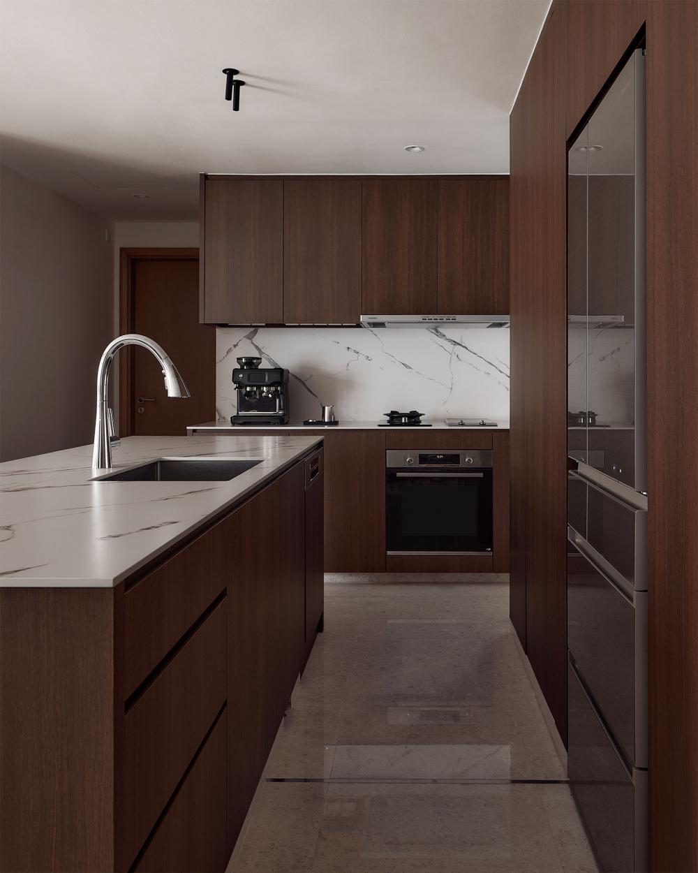 contemporary kitchen with countertop and marble floor
