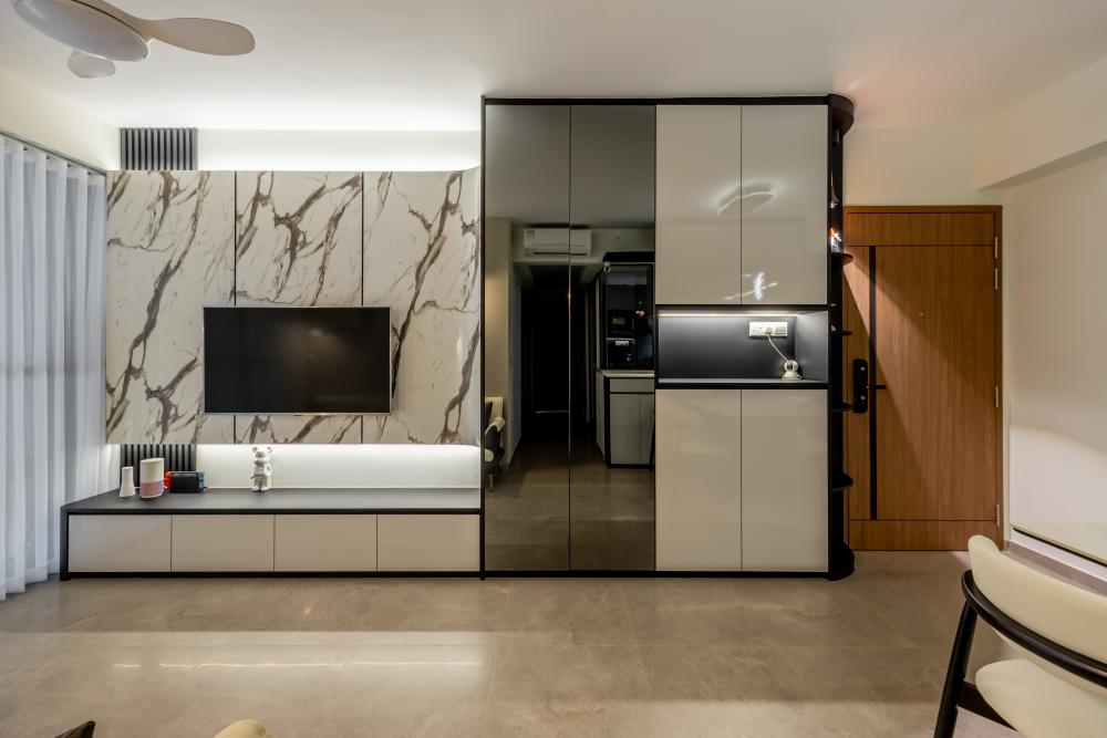 contemporary living room with marble floor and bay window