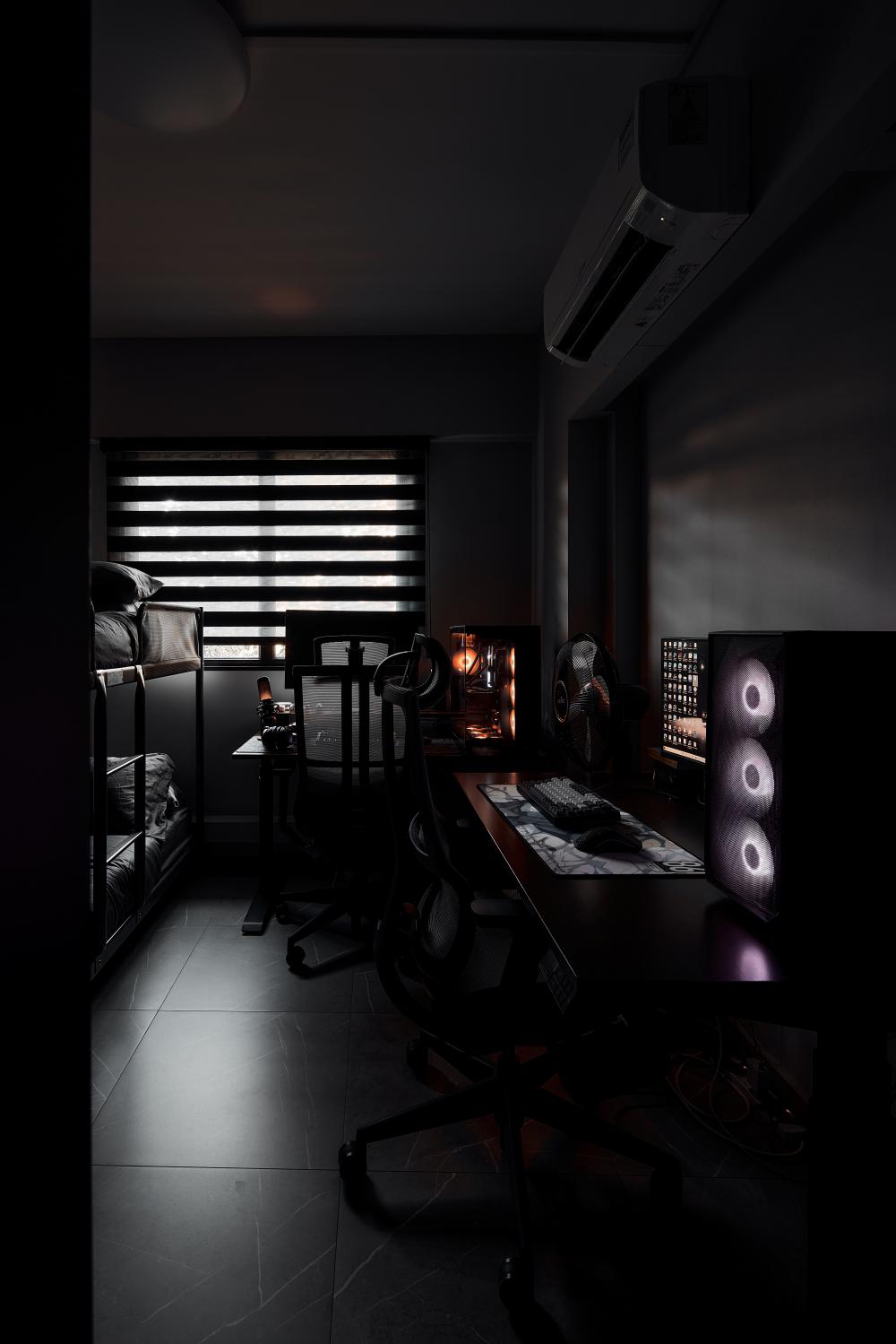 modern bedroom with homogeneous tiles and bed