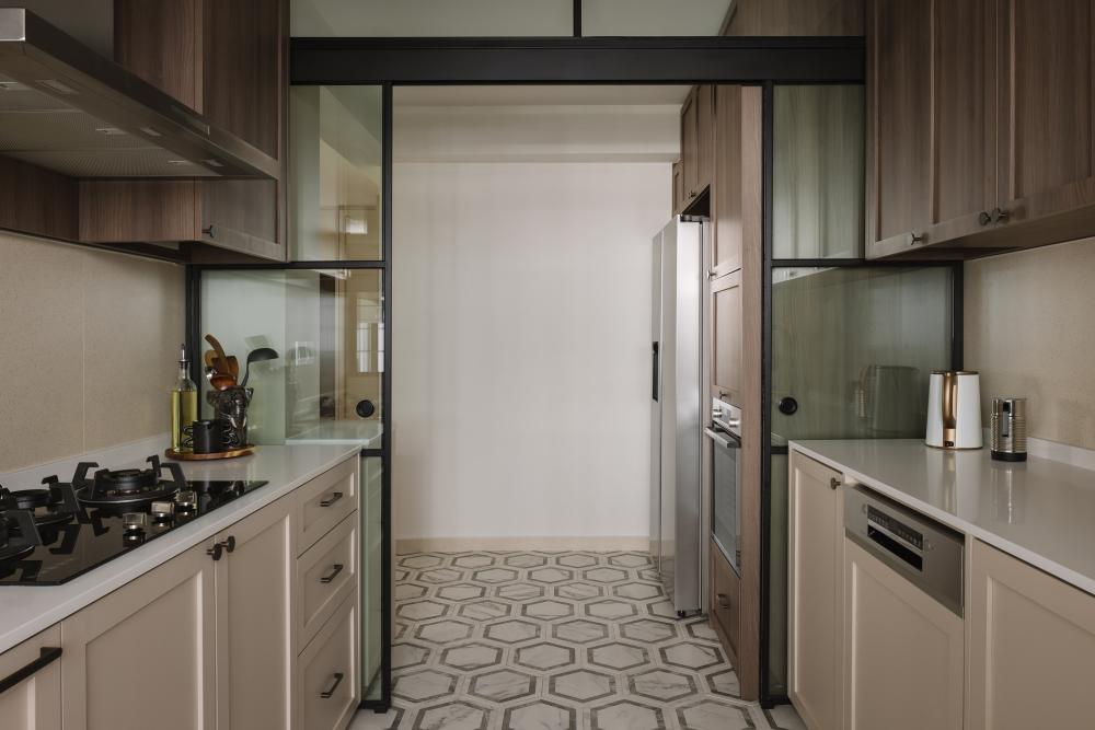 modern kitchen with countertop and mosaic
