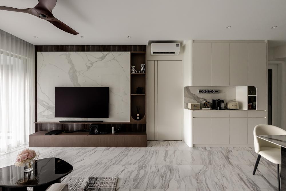 modern living room with granite floor and marble floor