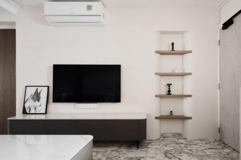 modern living room with marble floor and tv console