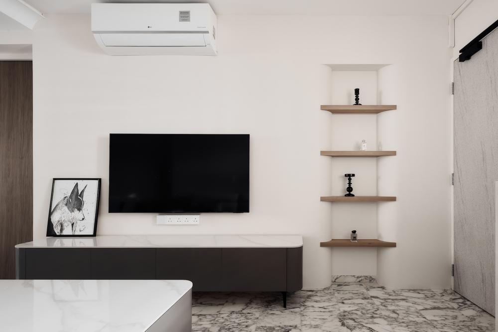 modern living room with marble floor and tv console