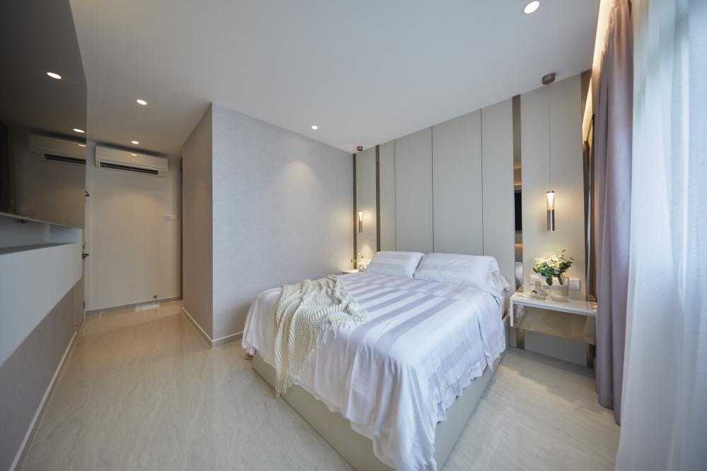 scandinavian bedroom with marble floor and closet